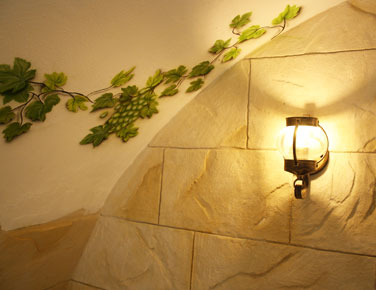 Wandmalerei Weinranke mit Weintrauben neben Steinwand aus Kunstfels