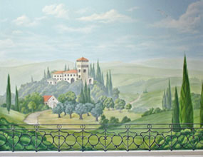 Wandbild, Motiv: Terrasse mit Blick auf Weinberge mit Schloss