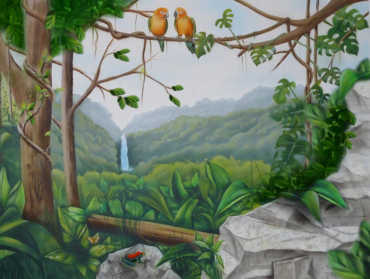 Wandbild Dschungel mit Papageien, Frosch, Wald und Wasserfall