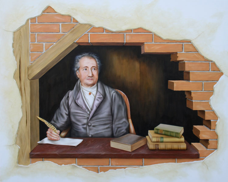 Wandmalerei Motiv: Klinker-Durchbruch, dahinter Portrait von Goethe, der am Schreibtisch sitzt