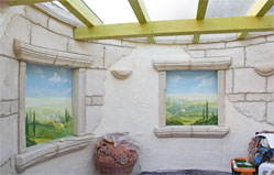Wandgestaltung Sauna, Motiv: gemalte Ausblicke auf toskanische Landschaft