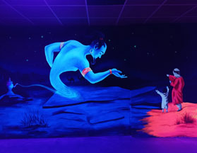 UV-Malerei, Motiv: Aladdin, der aus der Wunderlampe kommt