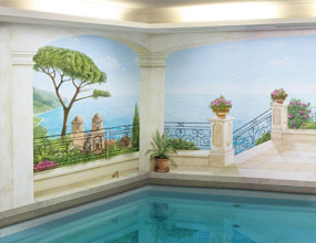 Wandmalerei, Motiv: Terrasse mit Blick auf das Meer und Ravello