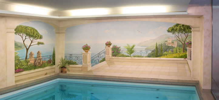 Mediterrane Wandmalerei Terrasse mit Meerblick und Ausblick auf Ravello