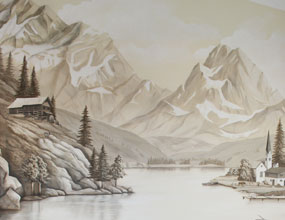 Wandmalerei, Motiv: Berglandschaft mit Bergsee und Almhütte