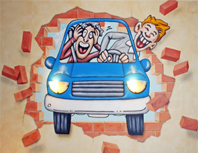 Wandbild Fahrschule, Motiv: Klinker-Durchbruch mit Auto