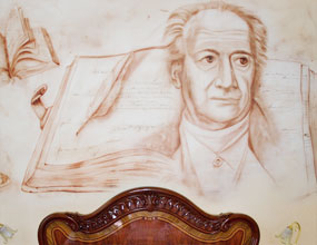 Wandgemälde über Hotelbett, Motiv: Portrait von Goethe, Buch und Kerze