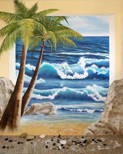 Wandbild blaues Meer, Palmen, Strand und Brandungswellen