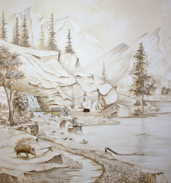 Wandbild Ausschnitt Tobel mit Brücke, Wildschwein, Angler