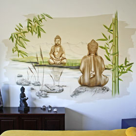 Wandbild, Motiv: Sitzender Buddha am Bach mit Bambus