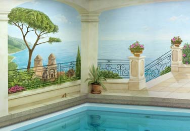 Wandbild in Schwimmbad, Motiv: Meeresblick mit mediterraner Landschaft