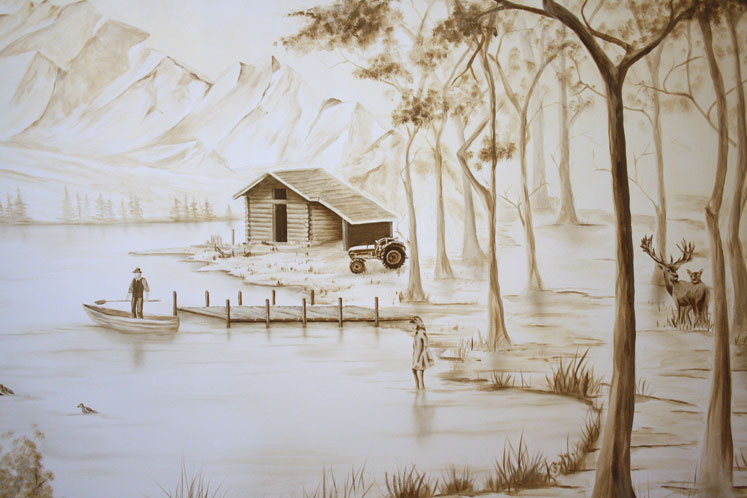 Wandmalerei Ausschnitt Hütte am See, Boot, Kind watet im Wasser