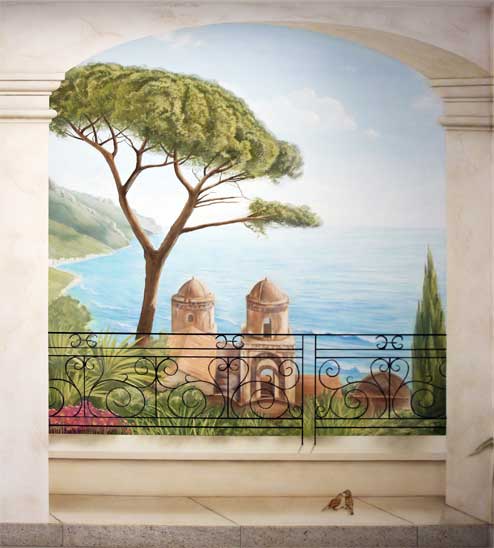 Wandmalerei, Motiv: Meeresblick mit Blick auf die Kirche Annunziata in Ravello