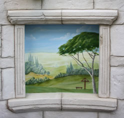 Wandbild, Motiv: toskanische Landschaft mit Bank und Feldkreuz